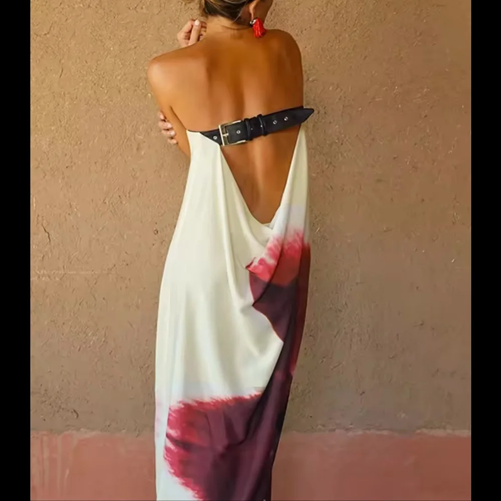 Sexy Strapless Print Floral Belt Women Maxi Dress Yellow Backless Vacation - Picture 1 of 9